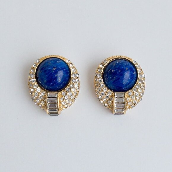 Vintage Christian Dior Earrings Faux Blue Lapis Lazuli Pave Rhinestone Gold Tone - Picture 2 of 13
